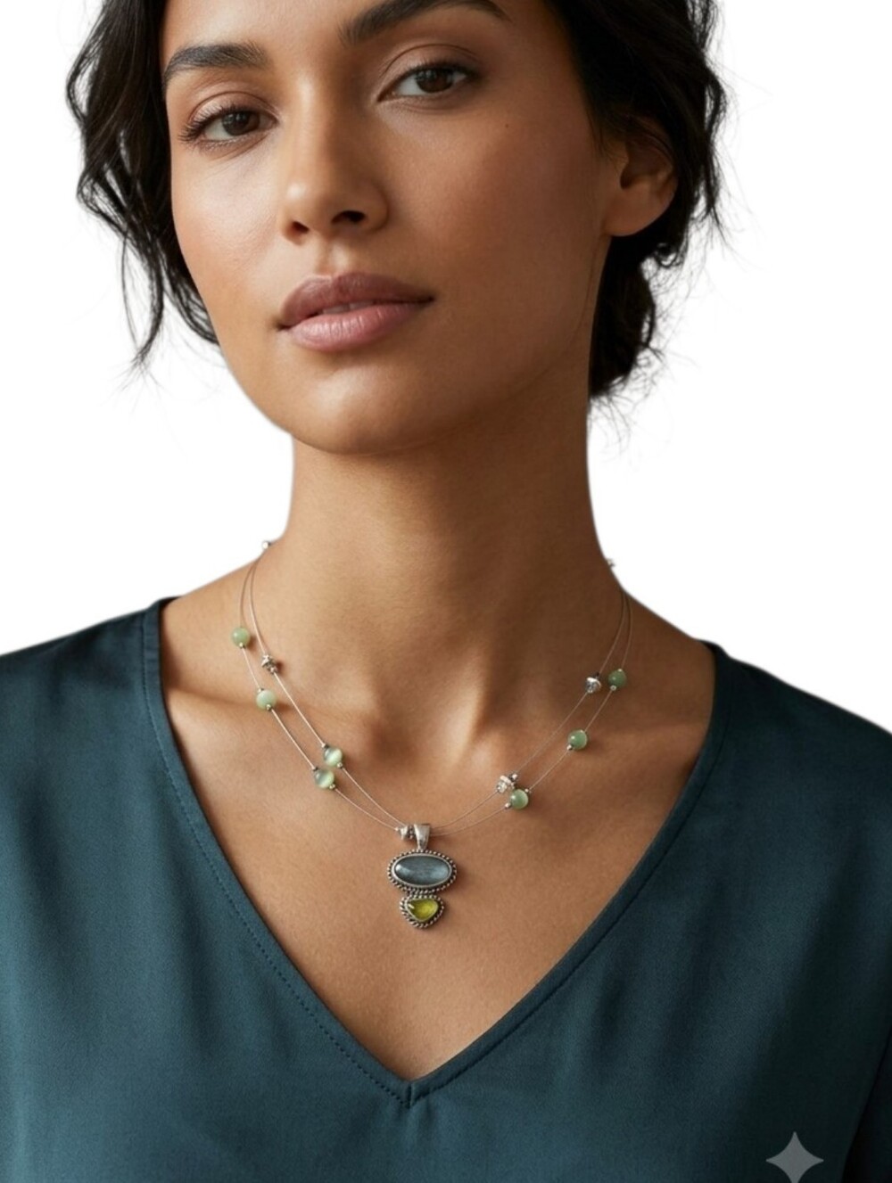 Boho Silver Double Wire Beaded Necklace Dual Stone Pendant Green Blue